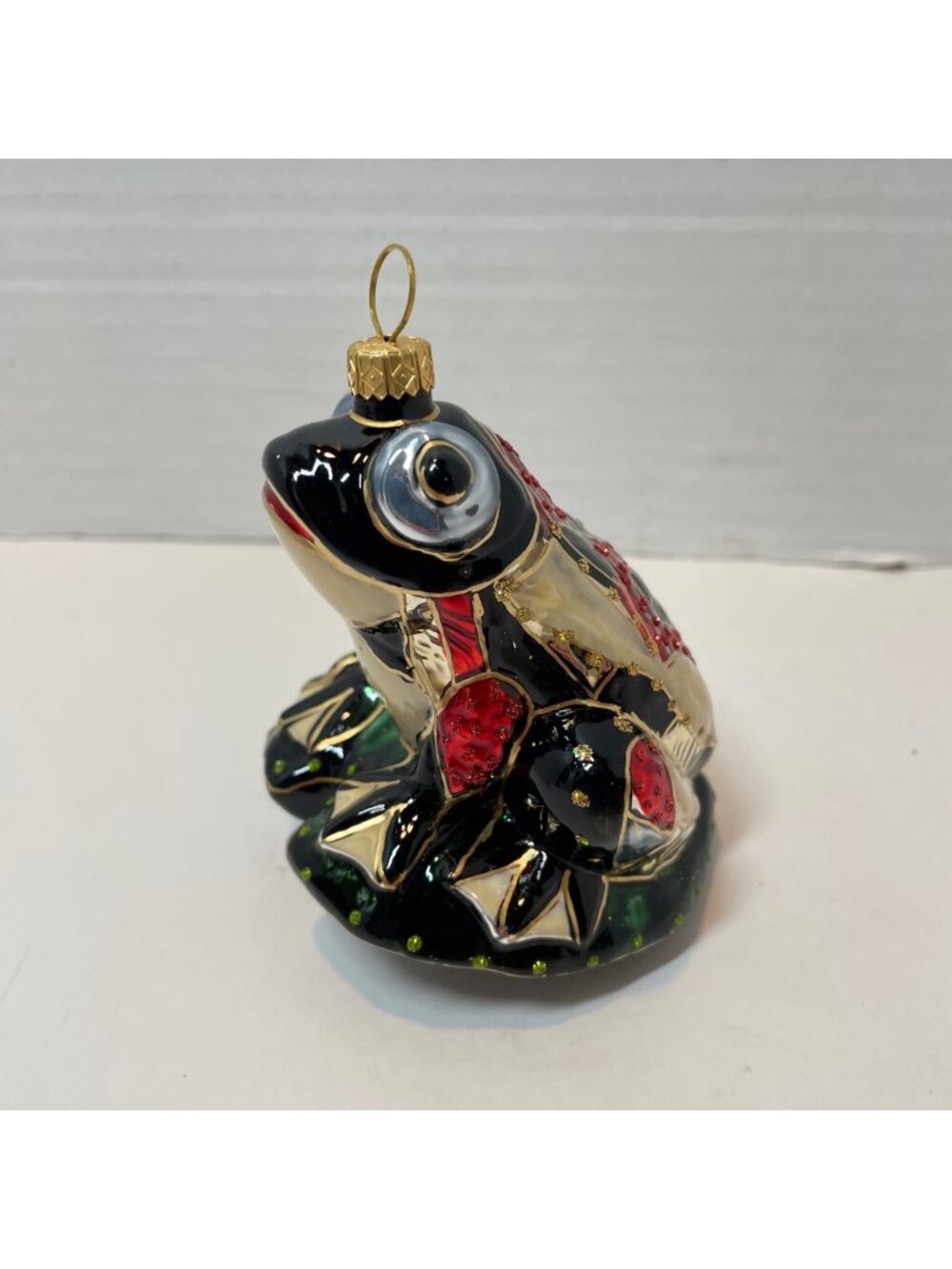 Hand-Painted Glass Frog Ornament With Gold Accents Red & Green Detailing Holiday